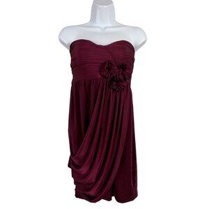 Misopo Strapless Burgundy Cocktail Dress With Floral Applique & Draped Skirt